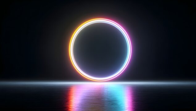 Vibrant neon ring illuminates a dark reflective surface with a spectrum of electric hues creating an ethereal portal effect