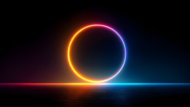 Vibrant neon oval portal emitting warm orange and cool blue light against a dark reflective surface