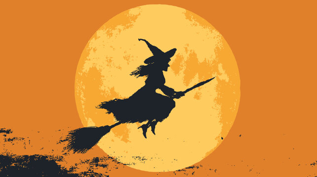 Silhouette of a witch flying on a broomstick against a large full moon