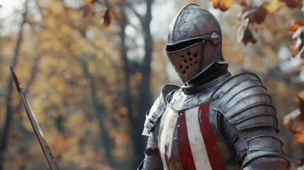 Fototapeta premium A reconstructed medieval jousting tournament includes a detailed inventory of knights and protective gear, all carefully handmade by craftsmen, yet possessing no historical worth