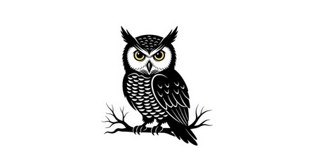 Obraz premium Illustration of an owl perched on a branch with detailed feather patterns and piercing yellow eyes.