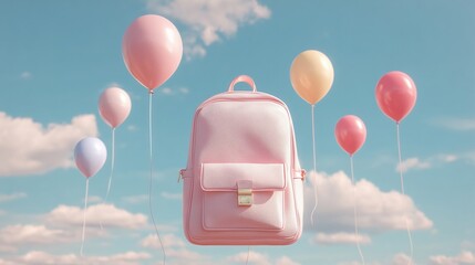 A Whimsical Pink Backpack Surrounded by a Cluster of Colorful Floating Balloons in the Sky