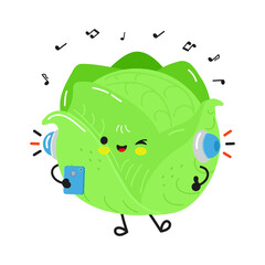 Cabbage character listening music using smartphone headphones