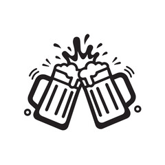 Two mugs of beer clinking together in a festive black and white sketch