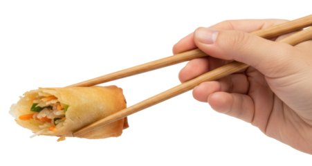 hand holding a fried spring roll with chopsticks for dipping