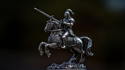 A figure of a knight is shown posing for a joust, holding a lance and wearing horse armor