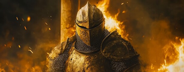 An armored medieval knight is portrayed with a fiery background, representing fearlessness and a glimpse into history
