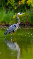 A majestic heron stands tall in calm water, its reflection mirrored below. Lush greenery creates a tranquil backdrop