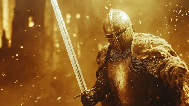 The image of a medieval knight in shining armor, standing strong and battle ready, evokes the values of valor, chivalry, and courageous spirit, symbolizing a legendary warrior with noble heritage