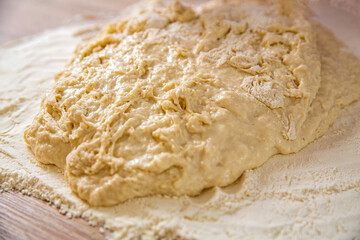 Background of the dough for baking. Fresh raw dough for pizza or bread baking. Close-up fermented doughs, homemade. Macro selective focus raw dough texture backdrop