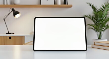 Fototapeta premium Elegant Tablet Mockup in a Scandinavian Inspired Workspace with Soft Ambient Light
