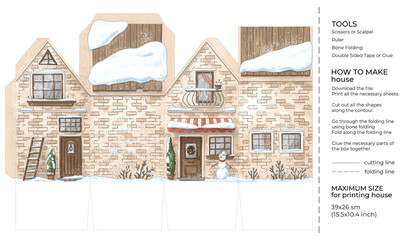 Kids craft winter paper house. Cut and glue cartoon 3D toy doll house. Building paper craft model. Printable template