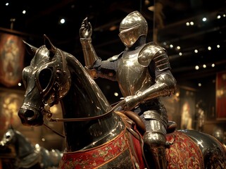 An exhibition from the late Middle Ages displays 15th century German plate armor, with a mounted knight holding a land in his right arm and riding a heavily armored horse