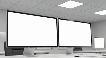 Executive Dual Monitor Setup Mockup on a Clean Desk with Crisp Balanced Illumination Office