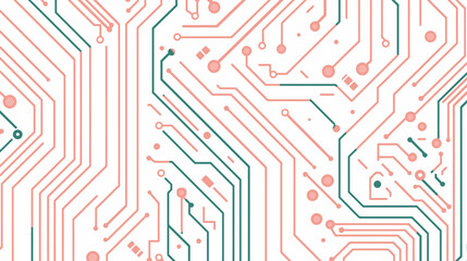 Abstract circuit board pattern with intricate interconnected lines and dots in pink and teal