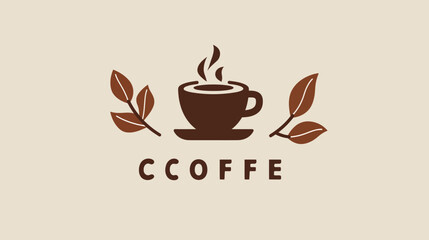 A stylized coffee cup with steam, framed by brown leaves, with text below