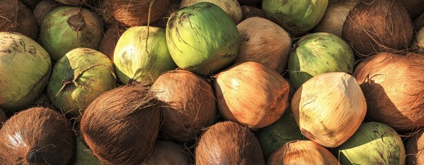 The Coconuts Pile of Fresh Green and Brown Coconuts in Tropical Market