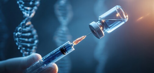 The syringe and vaccine vial with DNA helix background representing medical research