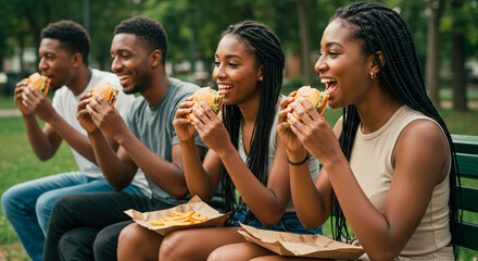 Group black african american people friends eating burger with happy expression on nature. Picnic in park in break time, on weekend. Food consumption and fast food concept