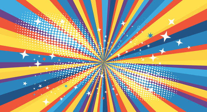 Vibrant radial burst with stars and halftone dots creating a retro comic book effect. - Powered by Adobe