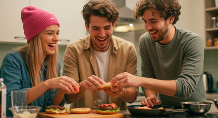 People friends prepare homemade burgers together at kitchen counter. Concept of happy friendship and healthy eating. Domestic cooking together