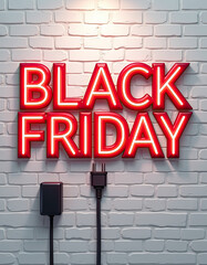 Fototapeta premium Black Friday neon letters glow bright red on a white brick wall, signaling the start of a massive shopping sale.