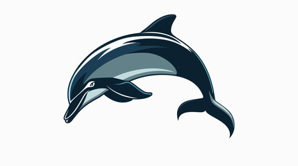 A stylized, dark blue and gray dolphin leaps gracefully against a white background