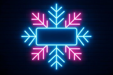Blue and pink neon snowflake frame with blank copy space center.