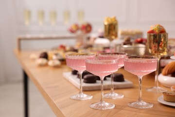 Buffet menu. Delicious desserts and drinks on table, selective focus