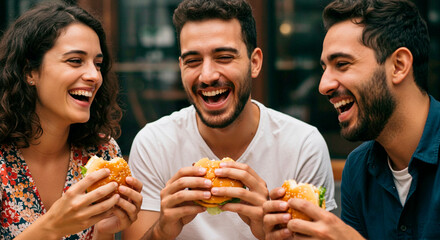 Group people friends eating burger with happy expression on nature. Picnic in park in break time, on weekend. Food consumption and fast food concept