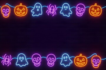 Halloween party neon lights framing the top and bottom edges, leaving clean copy space in the middle.