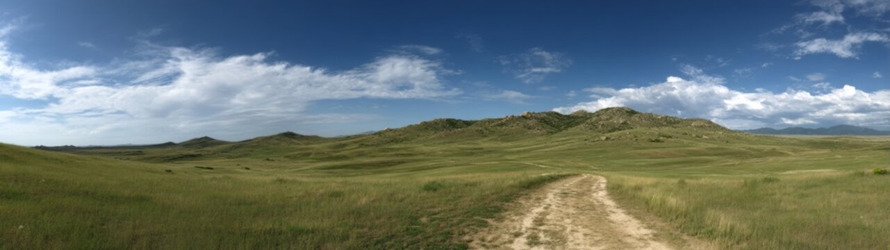 Panoramic hdr landscape view of rolling hills in nature's green environment