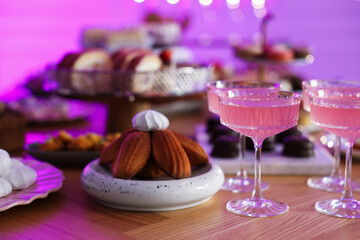 Buffet menu. Delicious desserts and drinks on table, selective focus