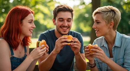 Group people friends eating burger with happy expression on nature. Picnic in park in break time, on weekend. Food consumption and fast food concept