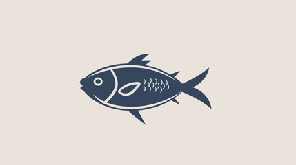 Stylized dark blue fish silhouette with white eye and fins on light beige background