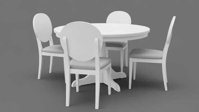 A circular white table is surrounded by four matching white chairs. The chairs have a curved back design and gray padded seats. The table rests on a pedestal base