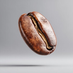 Ultra High-Definition Macro Shot of a Single, Floating Roasted Coffee Bean with a Shadow on a Neutral Grey Background

