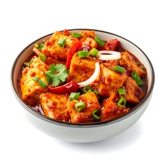 Bowl of spiced tofu with vegetables, garnished on a white background