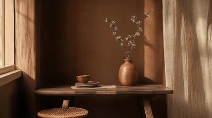 A vase with flowers sits on a wooden table in a room with a tan wall. The vase is filled with white flowers and the table is empty. The room has a warm and inviting atmosphere