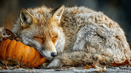 Cute Wild Red Fox Sleeping Curled Pumpkin Autumn Leaves Weather

