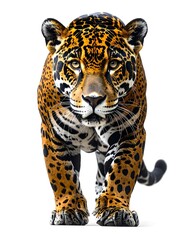 Obraz premium A majestic jaguar strides forward against a pure white backdrop, showcasing its spotted coat and intense gaze