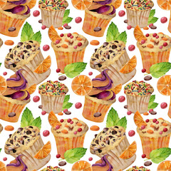 Citrus, chocolate and mint cupcake, orange candy icing on muffins pastry hand painted in watercolor. Isolated seamless pattern for culinary kits, food-themed stickers, party invites, kitchen labels.