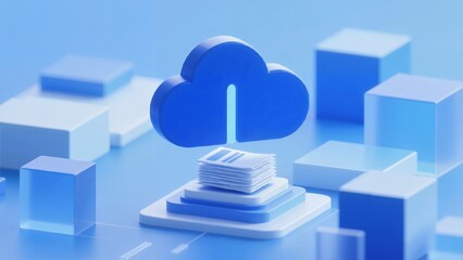 Obraz premium Digital cloud computing icon with stacked servers and blue cubes in a futuristic design