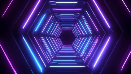 Immersive futuristic neon tunnel with glowing hexagonal structures and reflective surfaces creating a sci fi ambiance