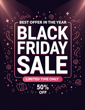 This bold Black Friday Sale promotion features an exciting best offer for the year, presenting fifty percent off for a limited time.
