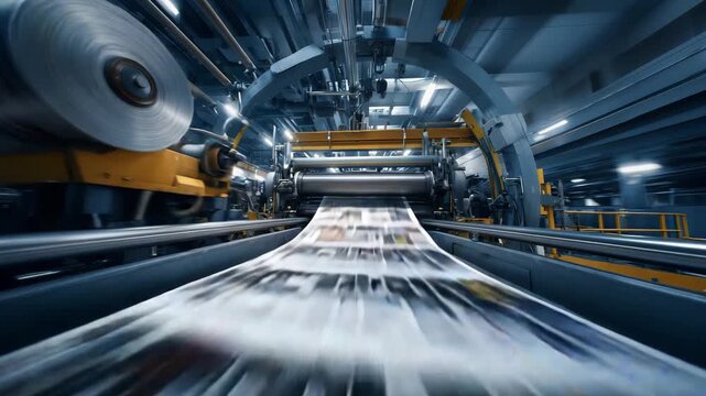 A high speed printing press operates in a modern facility, producing newspapers at a quick pace