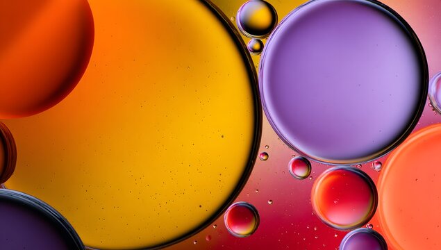 Vibrant abstract macro photography capturing intersecting spheres of orange yellow and purple hues with subtle bubbles - Powered by Adobe