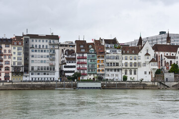 Traditional and Postwar Houses along Riverfront in Basel, Switzerland