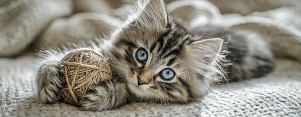 The Kitten Playing with a Twine Ball on a Cozy Neutral-Colored Blanket