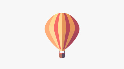 A striped hot air balloon with a basket floats against a white background